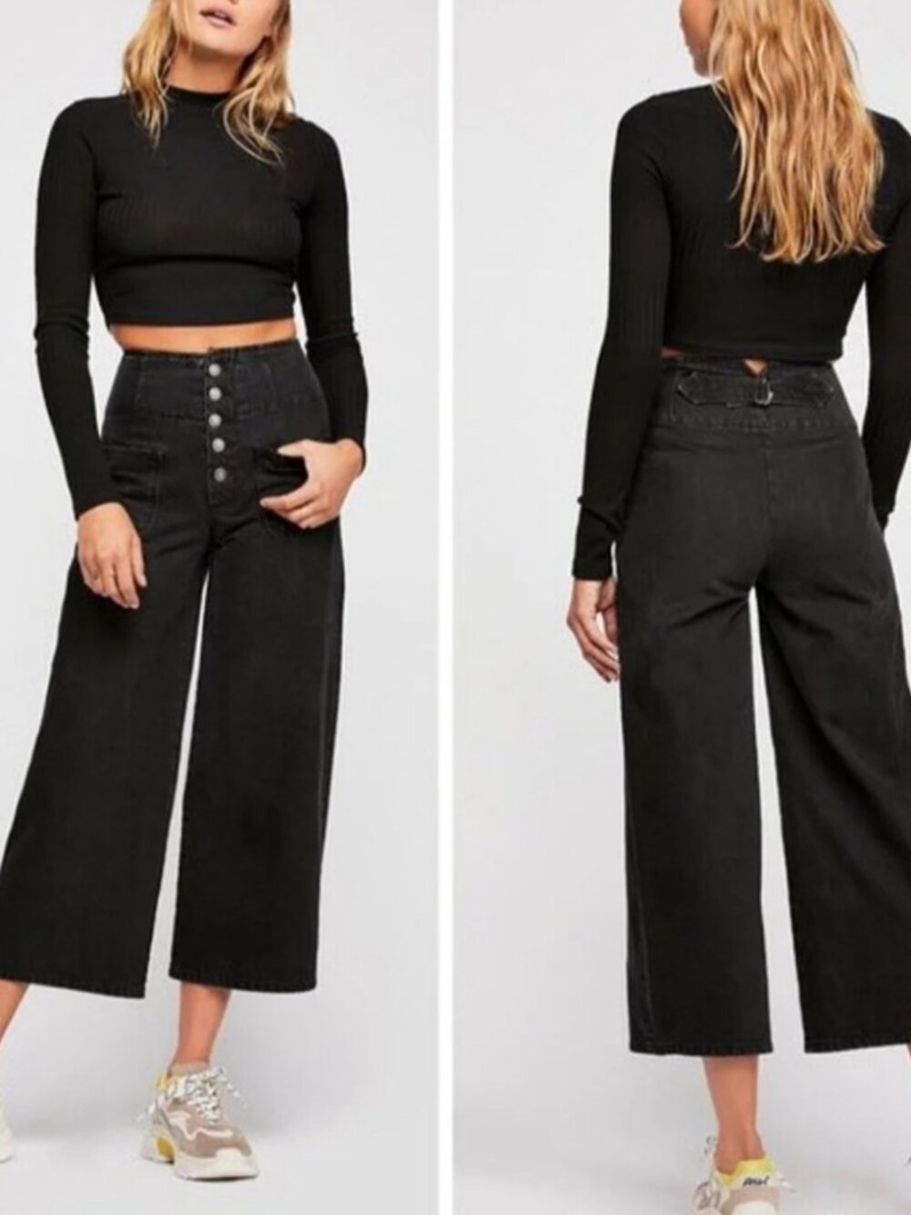 Free People Washed Black High-Rise Wide Leg Jeans Boho Chic vintage inspired